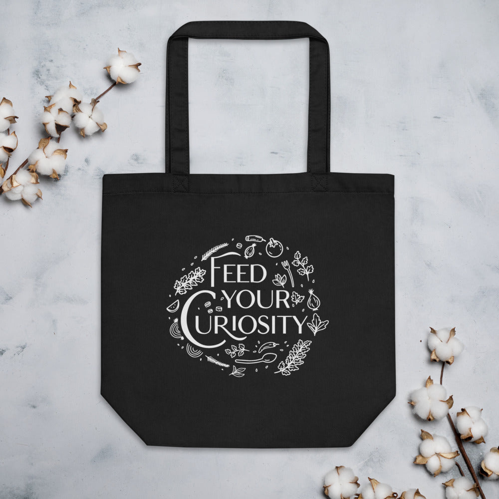 Feed Your Curiosity - Black Canvas Eco Tote Bag (White Print)