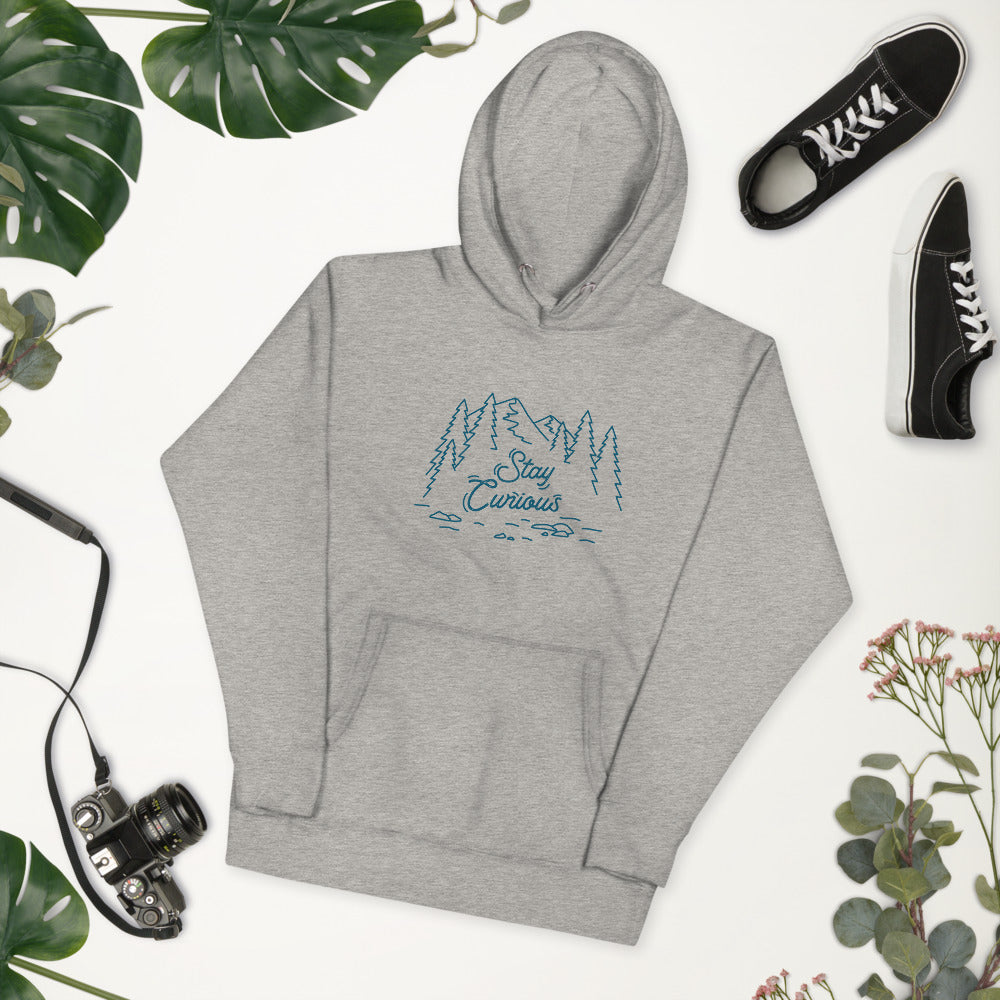 Stay Curious Mountain Unisex Hoodie (Navy Print)