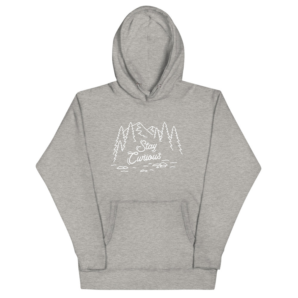 Stay Curious Mountain Unisex Hoodie (White Print)