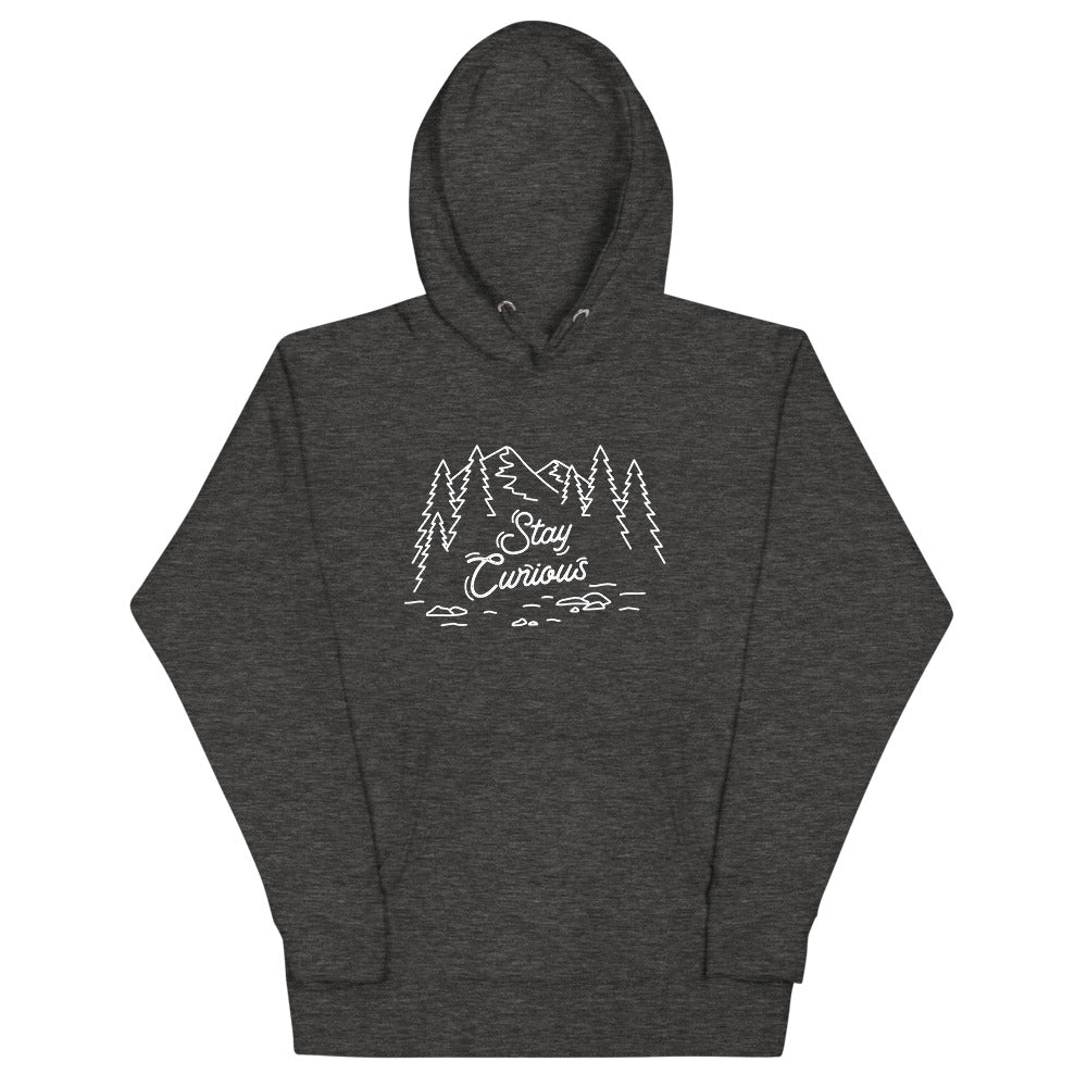 Stay Curious Mountain Unisex Hoodie (White Print)