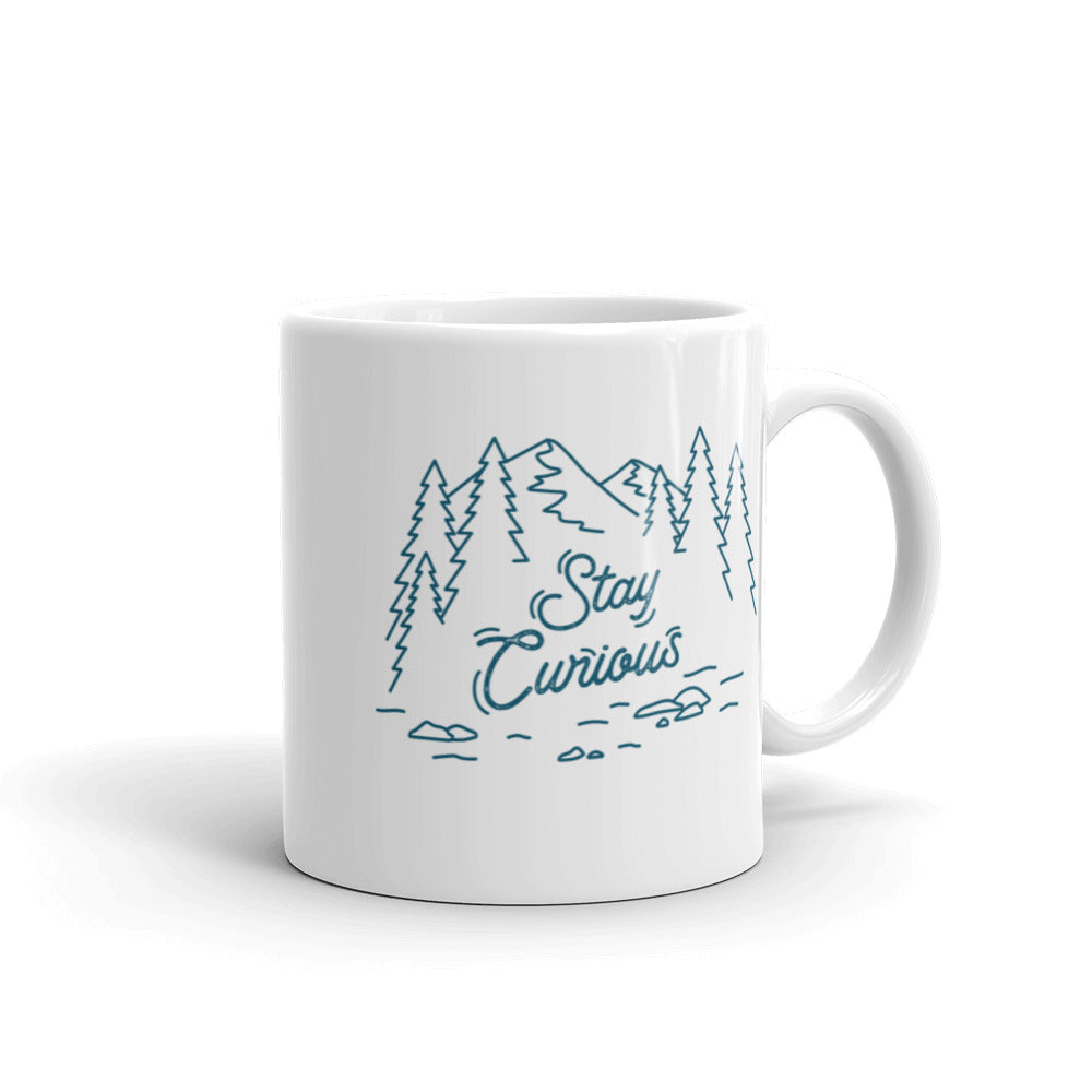 Stay Curious Mountain White Glossy Mug